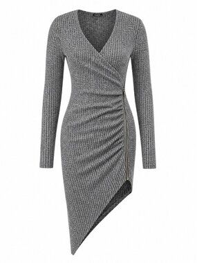Cleo Apparel gray  long sleeve V Neck Asymmetric dress Size Xs